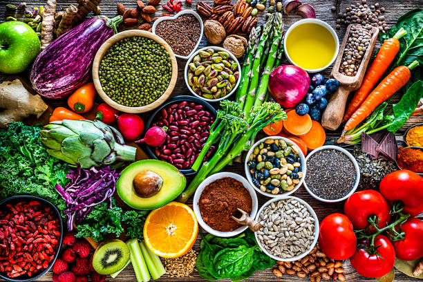 istock Healthy vegan food background. Top view 1281479807