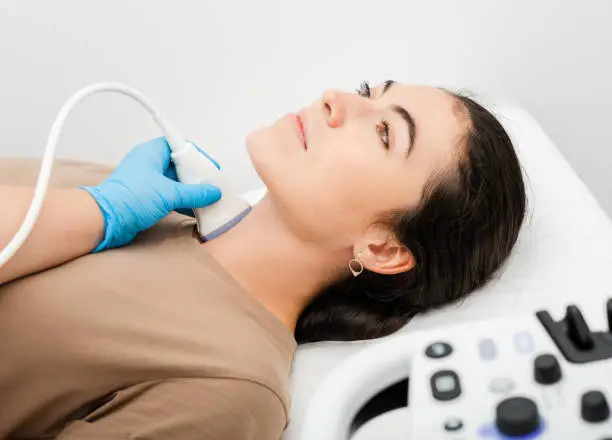 Photo of Female patient receives thyroid diagnostics. Treatment of thyrotoxicosis, and hypothyroidism