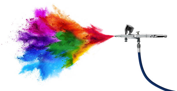 professional chrome metal airbrush acrylic color paint gun tool with colorful rainbow spray holi powder cloud explosion isolated white panorama background. industry art scale model modelling concept professional chrome metal airbrush acrylic color paint gun tool with colorful rainbow spray holi powder cloud explosion isolated on white panorama background. industry art scale model modelling concept compressor photos stock pictures, royalty-free photos & images