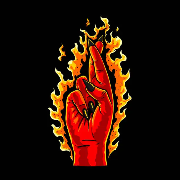Vector illustration of Crossed fingers on fire