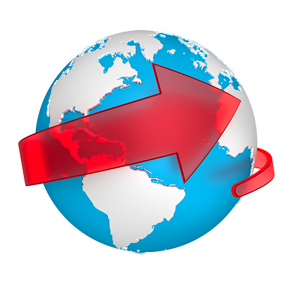 Globe icon with red arrow abstract concept. 3d illustration isolated on white background. World connections network design.