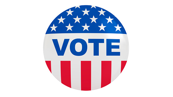 USA Vote icon. Badge with text VOTE and american flag isolated on the white background. Voting rights and elections 3d illustration.