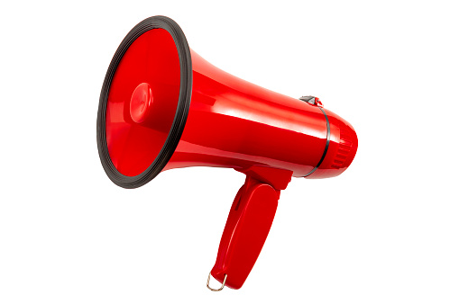 Attention, important broadcast and communicate public announcement concept with red loud speaker isolated on white background with clipping path cutout