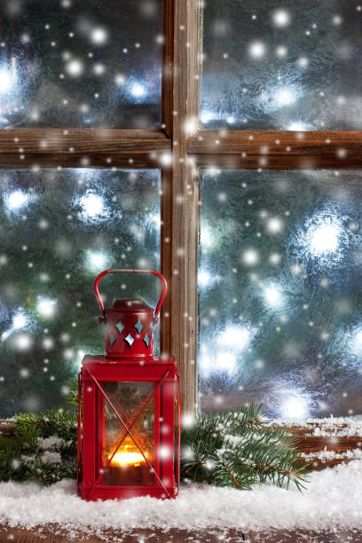 istock Christmas time composition with frost window 1281488477