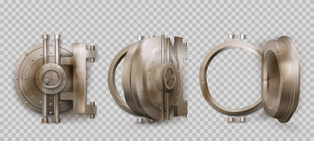 Old round safe door, metal bank vault gate Old round safe door, metal bank vault gate isolated on transparent background. Vector realistic set of closed and open crumpled steel circle door with lock. Rusty iron bunker gates safes and vaults stock illustrations