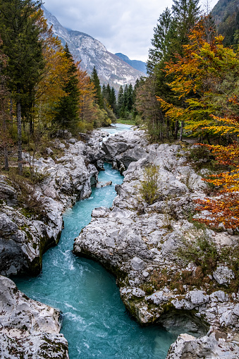River Bed of Soca River in Julian Alps, Slovenia, Europe.