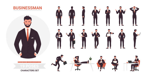 ilustraciones, imágenes clip art, dibujos animados e iconos de stock de empresario posa conjunto de dibujos animados, personaje de trabajador de oficina de negocios barbudo en traje formal negro en el trabajo - traje