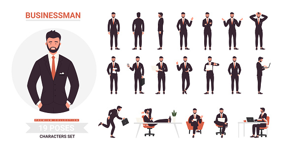 Businessman poses vector illustration set. Cartoon bearded business office worker character in black formal suit standing or running, executive young man employee in work or rest isolated on white