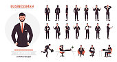 istock Businessman poses cartoon set, bearded business office worker character in black formal suit in work 1281490843