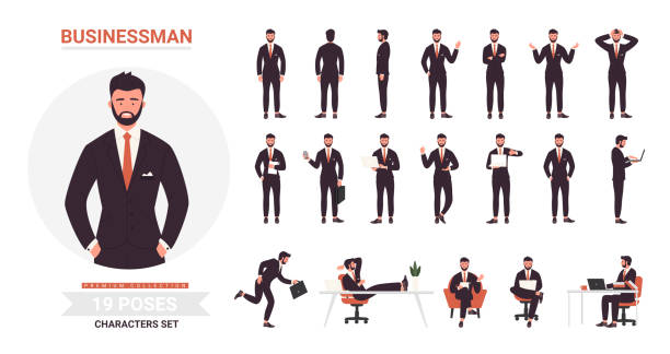 Businessman poses cartoon set, bearded business office worker character in black formal suit in work Businessman poses vector illustration set. Cartoon bearded business office worker character in black formal suit standing or running, executive young man employee in work or rest isolated on white bossy stock illustrations