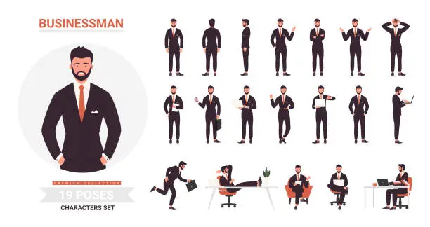Vector illustration of Businessman poses cartoon set, bearded business office worker character in black formal suit in work