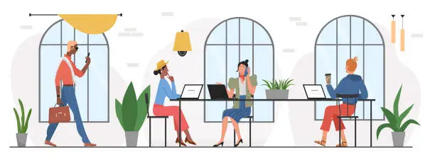Vector illustration of Coworking office open space workplace for cartoon busy business worker people working with laptops