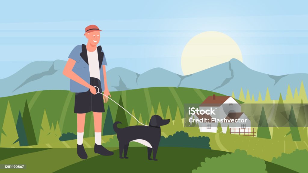 Walk With Dog Cartoon Happy Owner Man Walking With Domestic Animal  Companion Pet Dog Friend Stock Illustration - Download Image Now - iStock
