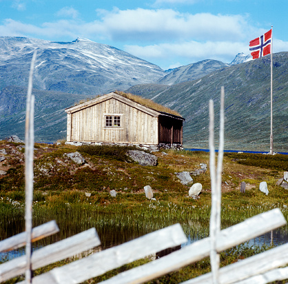 Norway, hut and flag