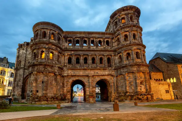 Porta Nigra, an ancient roman gate in Trier, Germany, is the main historical landmark and UNESCO World Culture heritage site