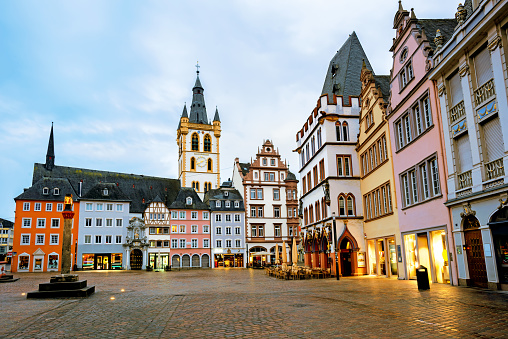 Historical facades on the Main Market square in the Old Town of Trier, Germany. Trier is the oldest city in Germany.