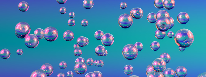 3d rendering of Abstract Flying Spheres Background, Iridescent Colors.