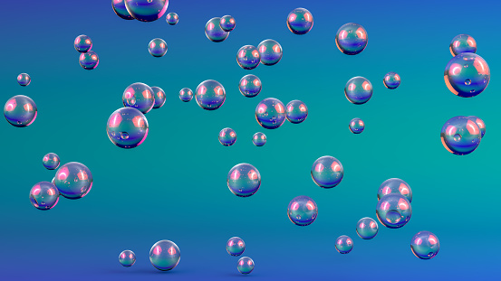 3d rendering of Abstract Flying Spheres Background, Iridescent Colors.