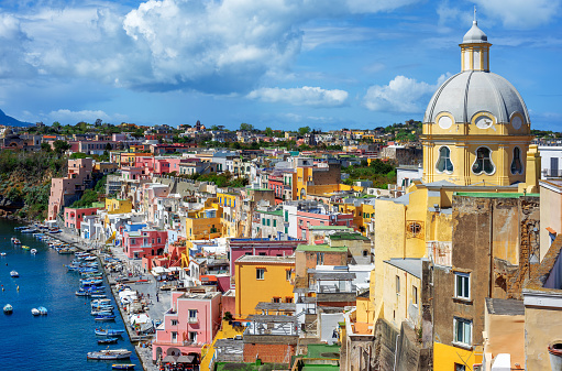 Marina Corricella, the colorful Old town and historic center of Procida island, Naples, Italy