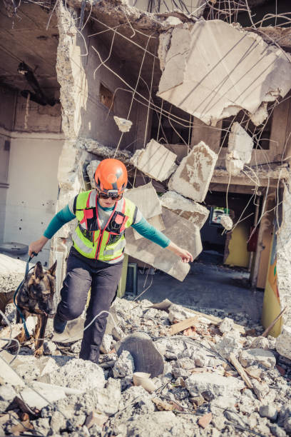 istock Rescuer search with help of rescue dog 1281493969