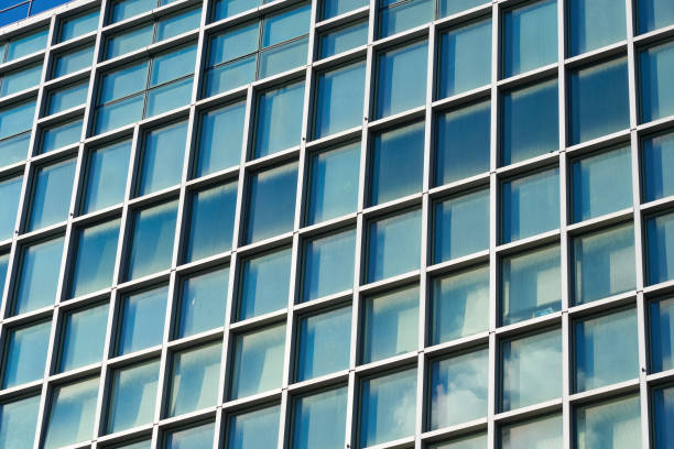 detalhe da fachada de construção com um padrão de grade de janelas com mullions profundos em uma cor verde pálida e azul, pegando a cor do céu - mullions - fotografias e filmes do acervo