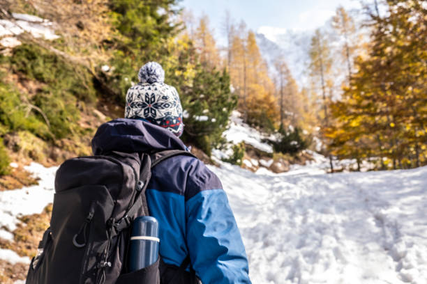 istock Man walking into snow in Julian Alps Back View 1281495194