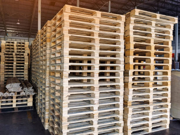 istock Wooden pallets stack in warehouse cargo storage, shipment in logistics and transportation industrial, wood pallets heap, delivery service 1281495573