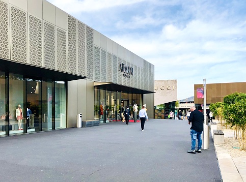 Outletcity / Outlet City in Metzingen : lot of luxury brand shops with price reduction. Metzingen in Germany, October 20, 2020.