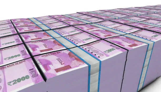 3D illustration of Indian rupee bills stacks background