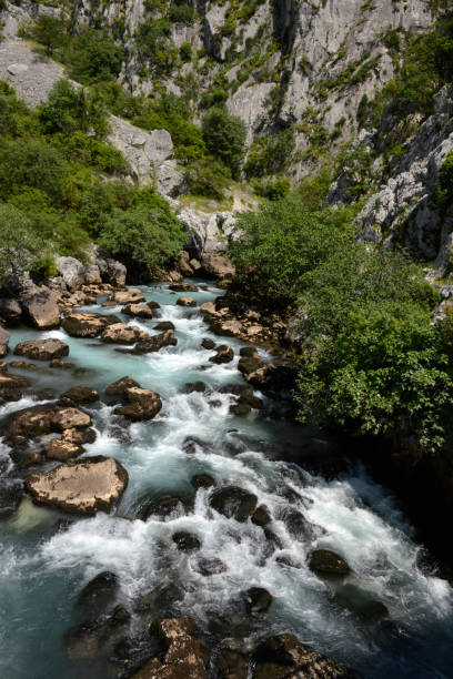 istock Fast mountain stream foams around the black rocks 1281497283