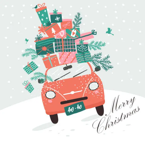 Vector illustration of Vector picture with pink car and Christmas gifts. Christmas picture. Red pickup. New year illustration delivery service.