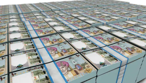 3D illustration of Omani rial bills stacks background