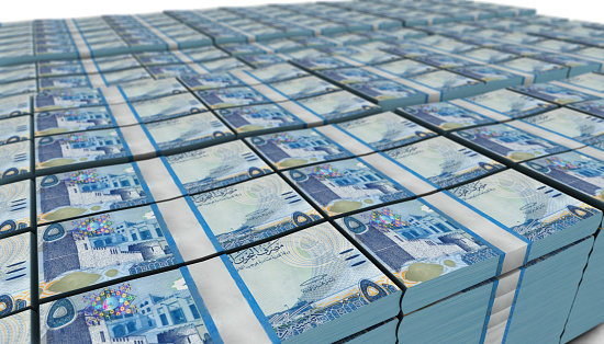 3D illustration of Bahraini dinar bills stacks background