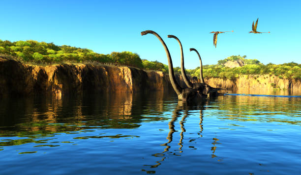 omeisaurus dinosaur river - prehistoric antiquity stock-fotos und bilder