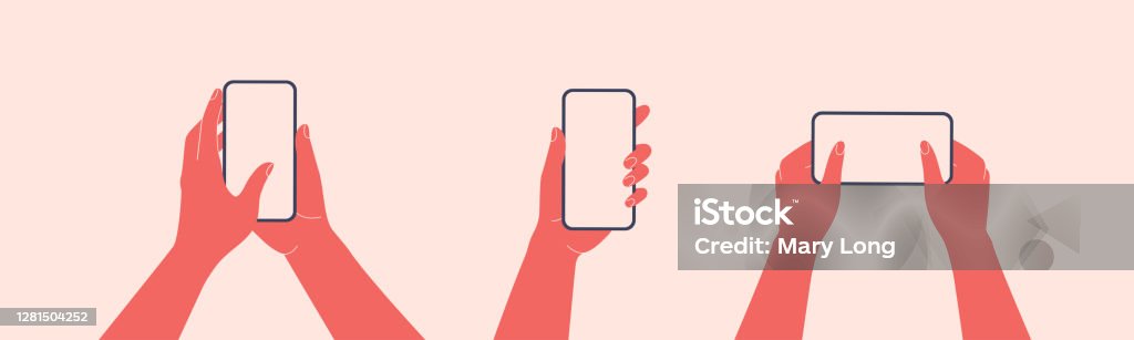 Las manos humanas sostienen horizontalmente el teléfono móvil con pantalla en blanco. El brazo de las hembras está tocando la pantalla del teléfono inteligente con el dedo pulgar. - arte vectorial de Teléfono libre de derechos Las manos humanas sostienen horizontalmente el teléfono móvil con pantalla en blanco. El brazo de las hembras está tocando la pantalla del teléfono inteligente con el dedo pulgar. - arte vectorial de Teléfono libre de derechos