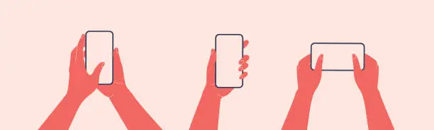 Vector illustration of Human hands hold horizontally mobile phone with blank screen. Females arm is touching smartphone display with thumb finger.