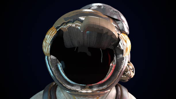 istock Cosmonaut with distortion helmet in a metal protective spacesuit. Computer generated space background, 3d rendering 1281505774