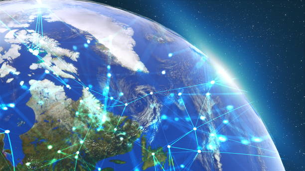 istock Planet Earth covered grid with thin lines and connection dots. Computer genereted stars background. 3D rendering elements of this image furnished by NASA 1281505800