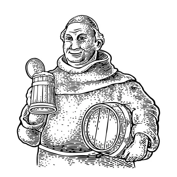 Vector illustration of Monk holding wood beer mug and barrel. Vintage vector black engraving