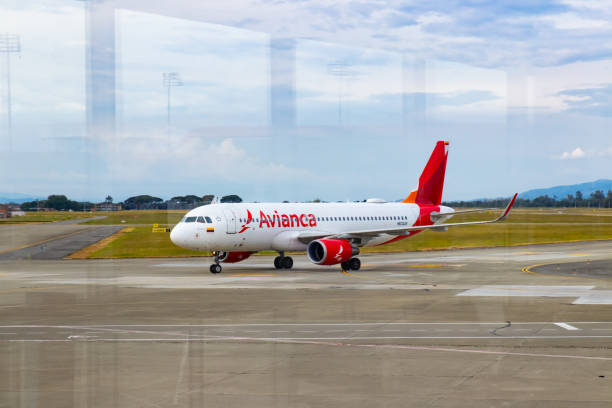 Airplane of the Avianca airline landing at the Alfonso Bonilla Aragon airport near to Cali city in Colombia El Cerrito, Colombia - October, 2020: Airplane of the Avianca airline landing at the Alfonso Bonilla Aragon airport near to Cali city in Colombia palmira colombia stock pictures, royalty-free photos & images