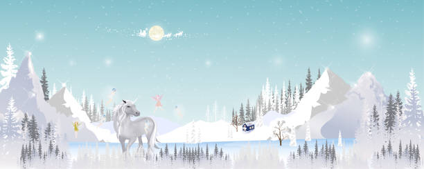 마을의 겨울 풍경 농장 필드, 흰색 유니콘, 크리스마스 밤, 메리 크리스마스와 새해 배경에 대한 벡터 일러스트 배너와 함께 비행하고 노는 요정의 판타지 귀여운 만화 - unicorn fantasy landscape animal stock illustrations