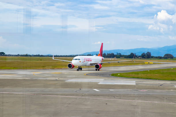 Airplane of the Avianca airline landing at the Alfonso Bonilla Aragon airport near to Cali city in Colombia El Cerrito, Colombia - October, 2020: Airplane of the Avianca airline landing at the Alfonso Bonilla Aragon airport near to Cali city in Colombia palmira colombia stock pictures, royalty-free photos & images