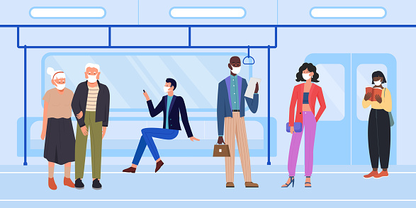 People in mask travel subway vector illustration. Cartoon man woman characters protect face with mask, standing, sitting on seats in subway metro train, mask protection in public transport background