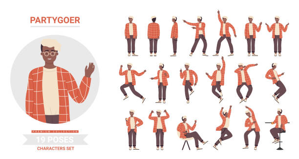 Young man poses on dance party set, cartoon happy dancer male character dancing in different posture Young man poses on dance party vector illustration set. Cartoon happy dancer male character dancing in different postures, active stylish partygoer person enjoying fun party time isolated on white dance moves cartoons stock illustrations