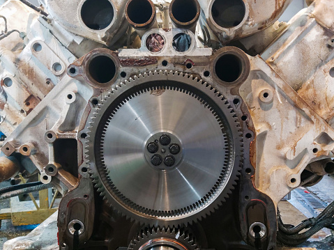 Ship engine gear set. Inside of an engine.