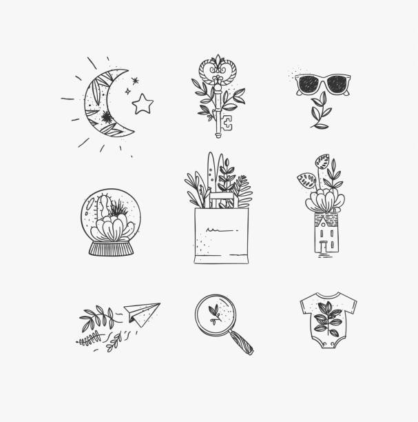 ilustraciones, imágenes clip art, dibujos animados e iconos de stock de iconos florales hechos a mano naturaleza - super moon