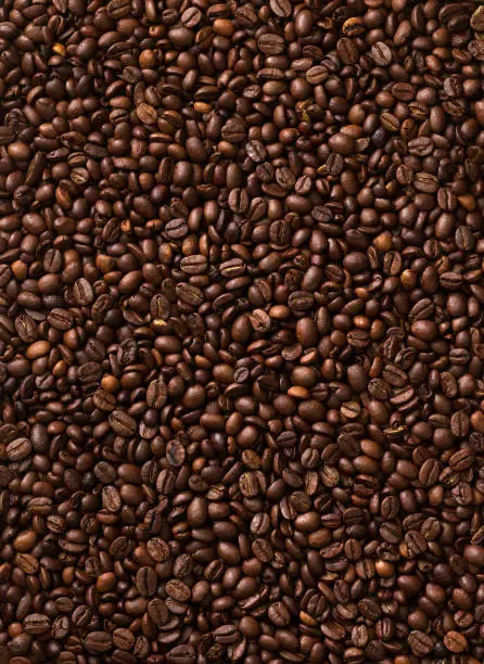 Coffee beans spread out as a flat surface straight down.