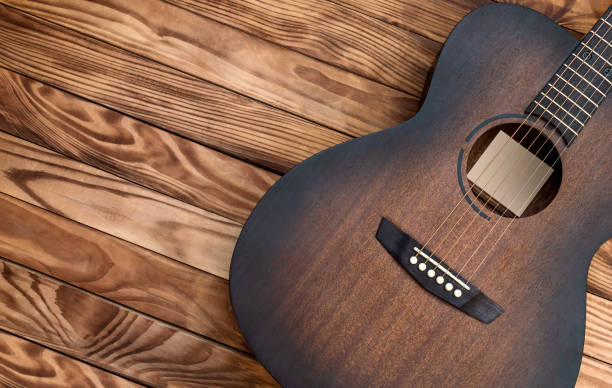 istock Acoustic guitar on wooden background. 1281510182