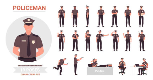 Policeman poses set, cartoon police officer man character working in office or street postures Policeman poses vector illustration set. Cartoon police officer man character working in office or street, cop guard person wearing uniform posing in work or rest postures collection isolated on white police force stock illustrations
