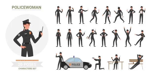 Vector illustration of Police officer woman poses cartoon set, policewoman in black uniform works in office or street